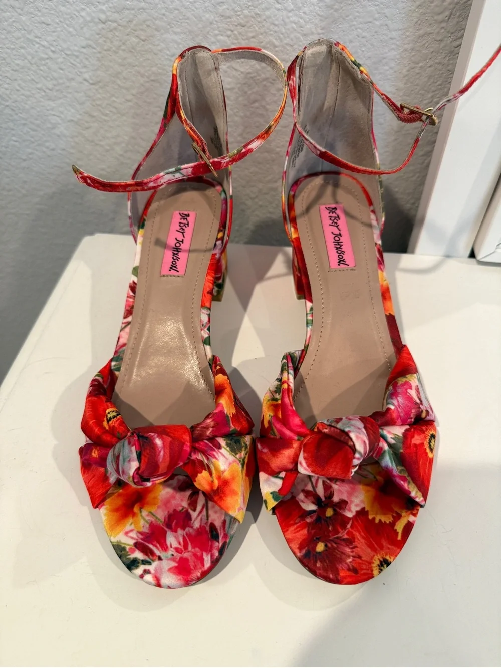 Betsey Johnson Red Floral Bow Ankle-Strap Heels
